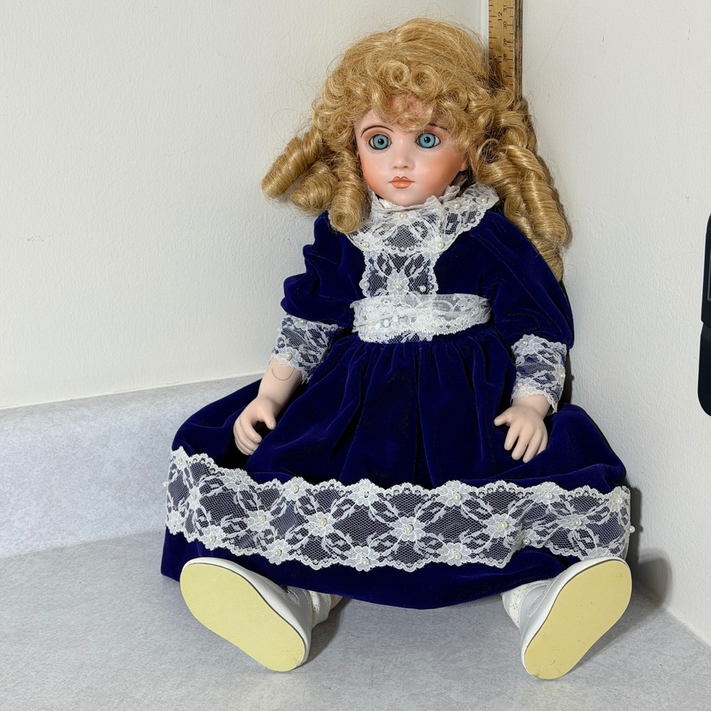 Vintage Marnie Porcelain Doll Blue Velvet Dress Blonde Curls Blue Eyes 18 Inch